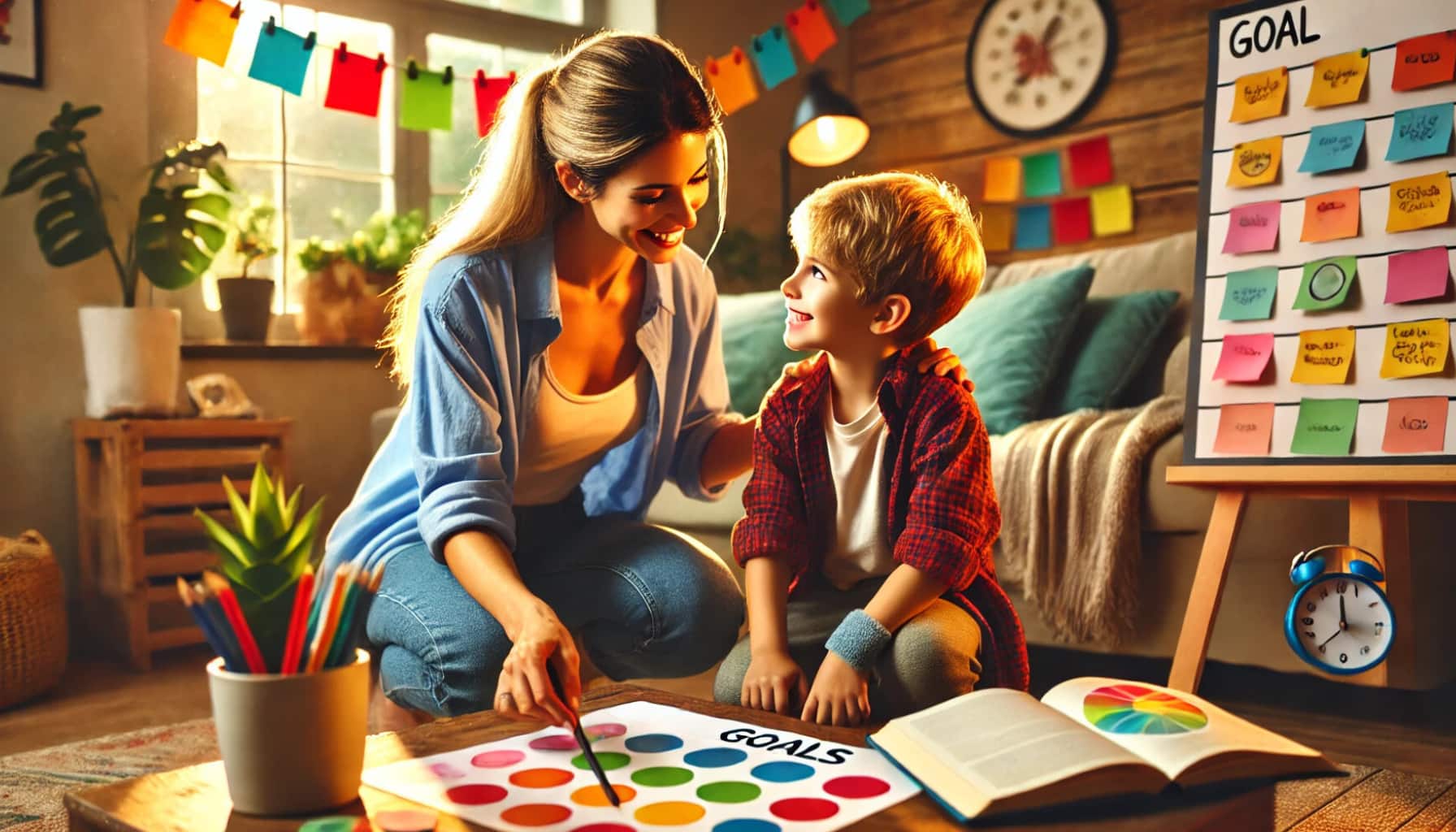 A parent guiding a child through goal-setting on a colorful chart in a cozy living room, reflecting a nurturing and motivational atmosphere. Parenting tips for building confidence.